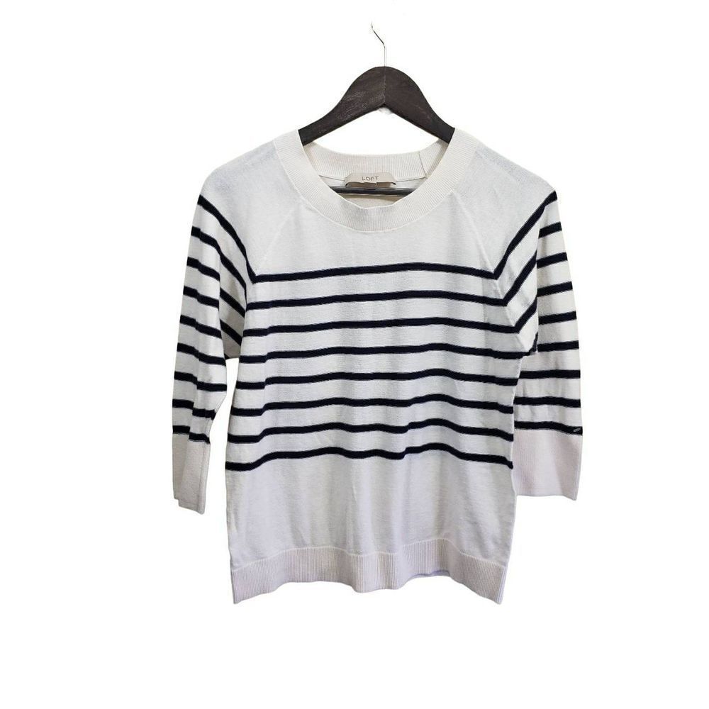 Loft Cotton White Black Crewneck Sweater size S